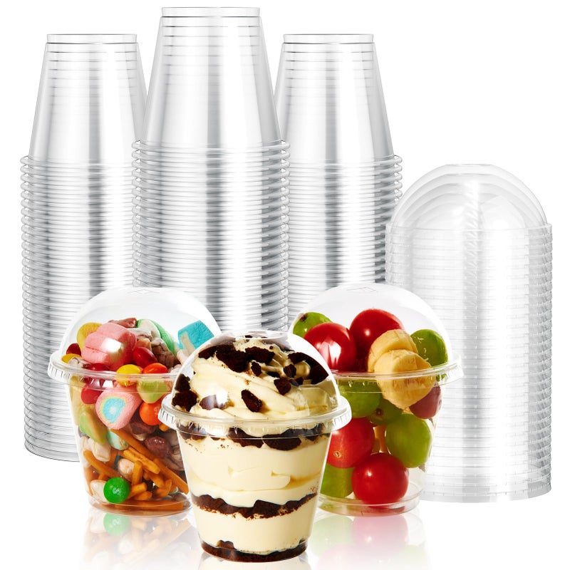 Vplus 200 Pack 9 OZ PET Plastic Cups with Dome Lids Crystal Disposable Plastic Cups For Parfait Fruit Desserts Snacks Yogurt and Jelly